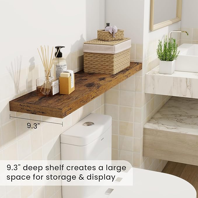 Fun Memories 40" Rustic Wood Floating Shelves with Invisible Brackets for Storage & Decor, Deep Wall Mounted Shelves for Bathroom, Kitchen, Living Room (Brown,Set of 2)