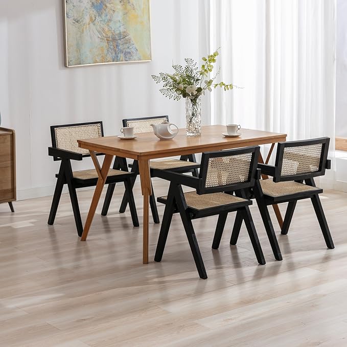 Rattan Dining Chairs Set of 4, Farmhouse Wicker Dining Chairs with Cane Seat Accent Armchair for Dining Room Kitchen Restaurant, Walnut