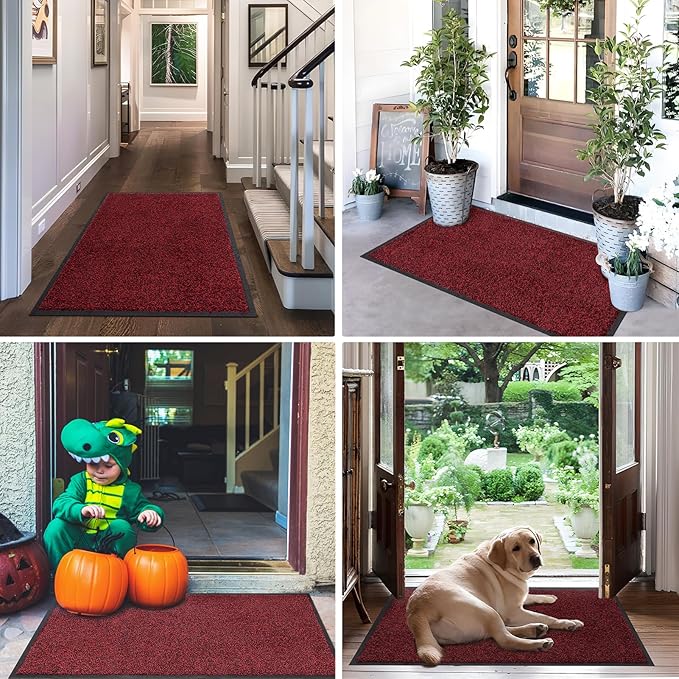 Mibao Front Door Mat, Dirt Trapper Welcome Mat for Outdoor Indoor, Non-Slip Waterproof Doormat, Durable Machine Washable Low Profile Entry Rug for Back Door Outside Patio Porch, 48" x 24", Red