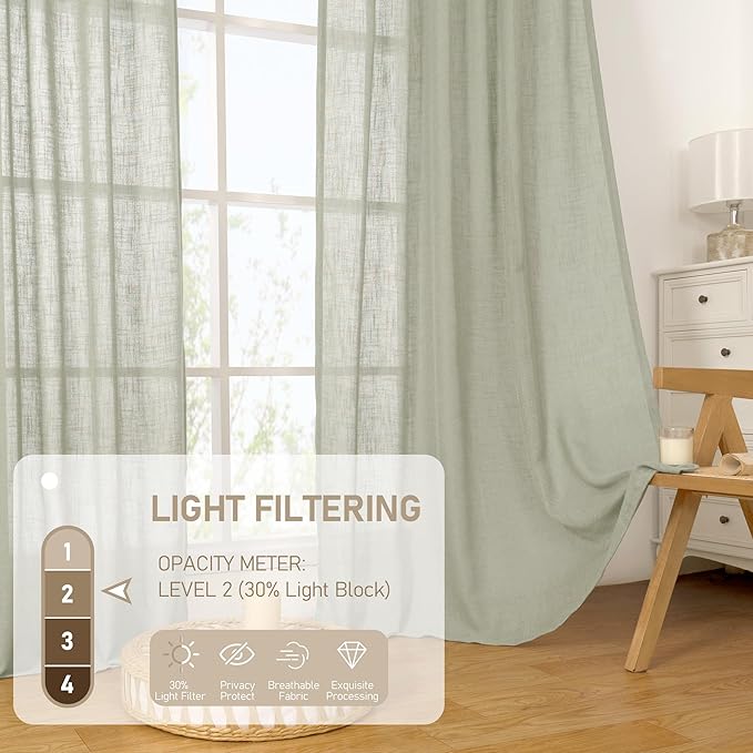 LAMIT Linen Curtains for Living Room, Sage Grey 90 Inch Length Bronze Grommet Linen Textured Farmhouse Curtains Light Filtering Drapes for Bedroom/Dining Room, Set of 2, 52 x 90 Inch