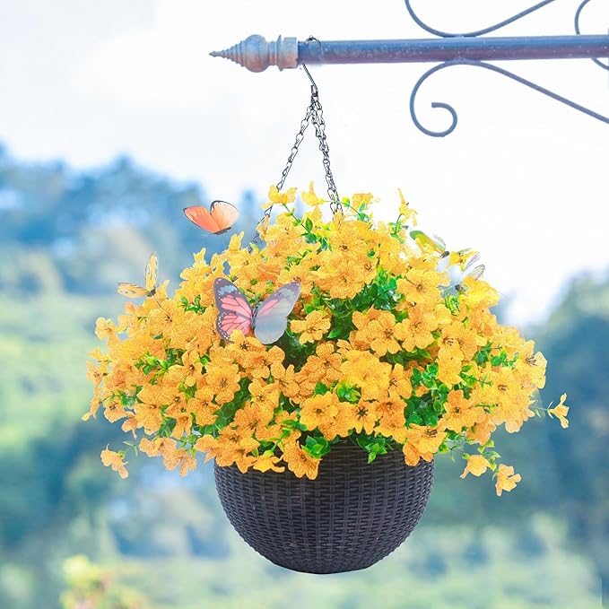 ‌20 Bundles Artificial Flowers for Outdoors‌ with 6 Faux Butterflies, UV Resistant ‌Fake Flowers‌ with Eucalyptus Leaves, ‌Artificial Plants Outdoor‌ for Patio Garden Porch Home Decor (Yellow)