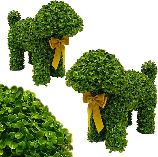 2 Pcs Artificial Bunny Shaped Topiary Trees, Artificial Green Boxwood Bunny Decorations with Gold Bow, Perfect for Indoor & Outdoor Front Porch, Easter& Garden Decor (Boxwood Dog Tree)