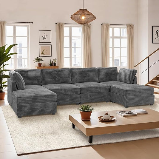 Modular Sectional Sofa, 130.7 Inch U Shaped Couch Set for Living Room, 4-Seater Comfy Cloud Couches with Two Movable Ottoman, Plush Corduroy, Gray