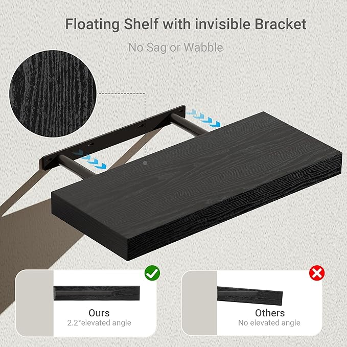 Black Floating Shelves for Wall, 16 inchs x 6.7” deep x 1.4” Wall Shelf for Bathroom Bedroom, Living Room, Kitchen, Office Home Decor, Narrow Wood Shelves with Invisible Brackets Set of 2