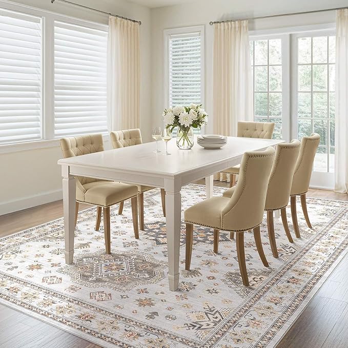 Washable Area Rugs for Living Room - 5x7 Neutral Vintage Distressed Floral Farmhouse Boho Large Soft Floor Rug Indoor Non Slip Carpet for Living Room Bedroom Dining Room Office - Blue Brown