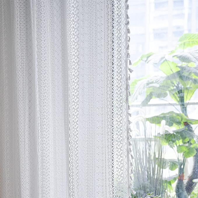 Sutuo Home White Crochet Boho Curtains 72 Inches Length, Sheer Lace Handmade Tassels Knitted Window Treatment Vintage Rustic Bohemian Farmhouse Drape for Bedroom Rod Pocket 1 Panel 59" W x 72" L