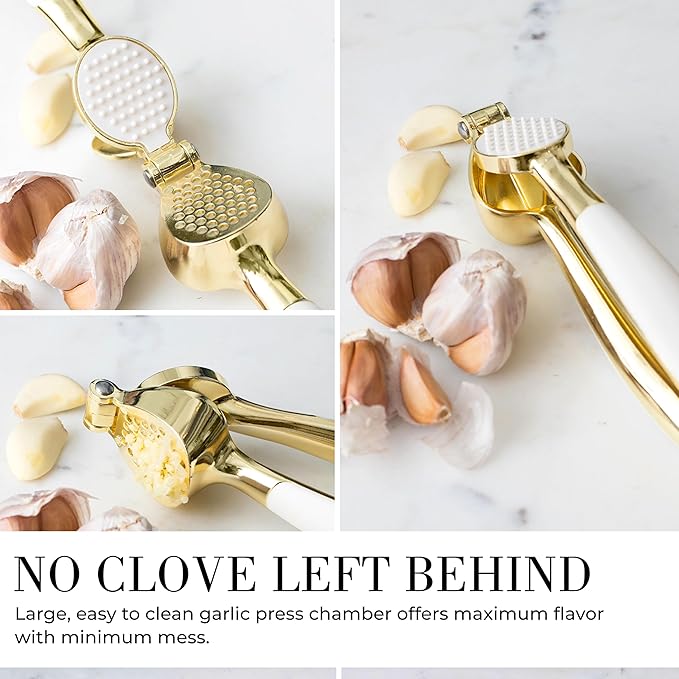 White & Gold Cooking Utensils Set - Luxe 8-Piece Kitchen Gadget Set Includes Can Opener, Tongs and Garlic Press - Stylish White and Gold Kitchen Accessories for Modern Kitchens, Ideal for Gifting