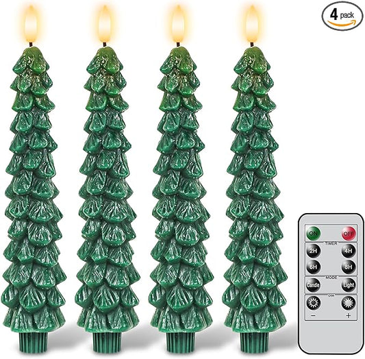 GenSwin Christmas Tree Flameless Taper Candles with Remote Timer, Christmas LED Taper Candles with 3D Flame, 4 Pcs Green LED Candlesticks for Christmas Home Decoration(0.78” x 9.8”)