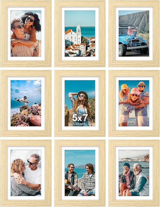 Vittanly 5x7 Picture Frames Set of 9, Shatter Resistant Plexiglass, Display 4x6 Pictures with Mat or 5x7 without Mat, Photo Frames for Wall or Tabletop, Engineered Wood, OAK