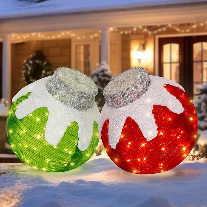 BRIGHTDECK 2 Pcs Outdoor Christmas Ornaments, Lighted Pop-Up Outdoor Holiday Ball Decoration with 80 LED Lights, 8 Light Modes, Lighted Collapsible Holiday Decorations for Yard, Home (RedGreen)