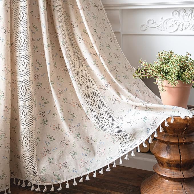 Sutuo Home Boho Curtain Semi-Blackout Crochet Hollow Lace Patchwork with Floral Print Cotton Linen Fabric, Handmade Tassels Rod Pocket Bohemian Window Drapes for Living Bedroom, 59"W x 63"L, 1 Panel