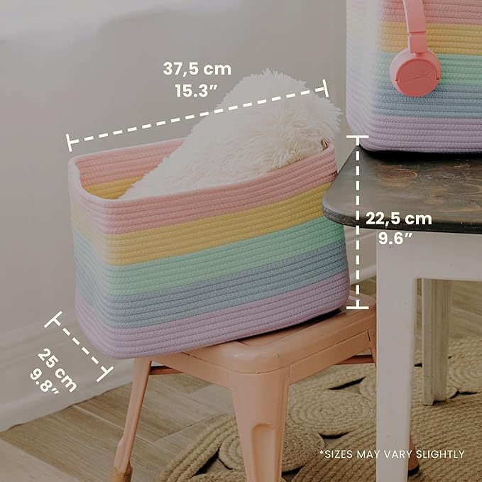 OrganiHaus Set of 3 Rainbow Woven Storage Baskets for Organizing, Cotton Rope Organizer Bins for Shelves, Closet & Nursery, Dog Toy Basket, Decorative Bins for Toys, Towels & Books - 15x10x9