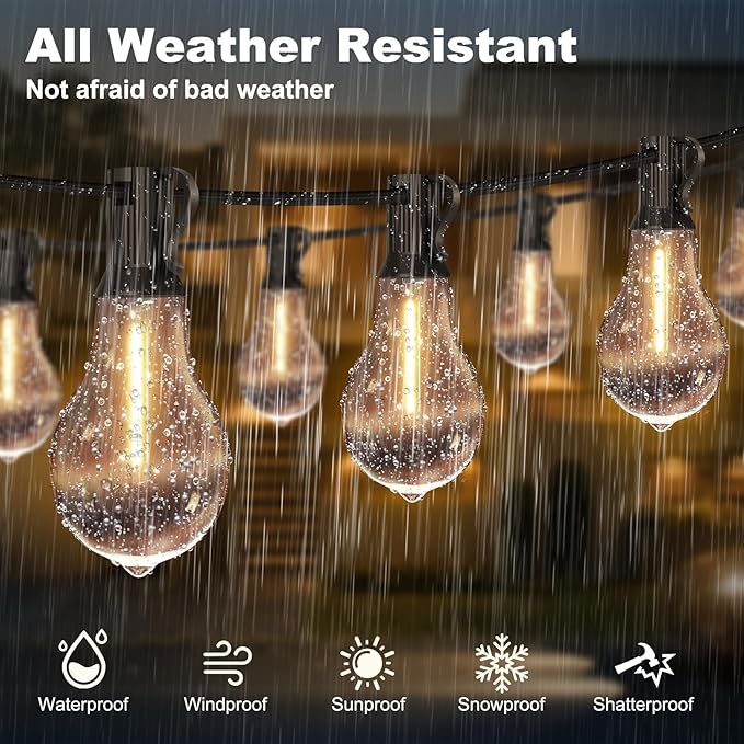 75FT Outdoor String Lights Waterproof with 50+4 Bulbs (1.5FT Bulbs Spacing), Remote & Dimmer, Commercial Patio String Lights with 3 Mode Light & Timing, 100PC Mounting Ties for Outside