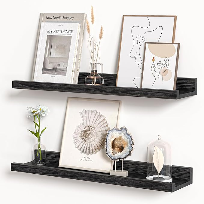 Floating Shelves for Wall, Picture Ledge Shelf 24 Inch Solid Wood Set of 2, Rustic Wall Shelves with Lip, Kids Bookshelf, Photo & Picture Live Edge Floating Shelves for Bedroom, Living Room, Kitchen