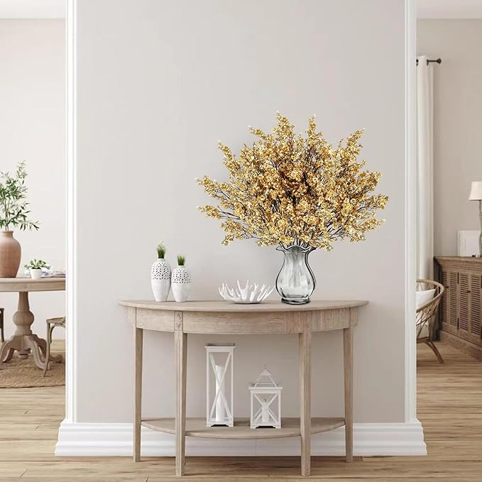 Sggvecsy 15 Pcs Babys Breath Artificial Flowers Gypsophila Bouquets Bulk Real Touch Fake Silk Flowers for Home Wedding DIY Floral Arrangement Kitchen Table Centerpiece Christmas Decoration (Gold)