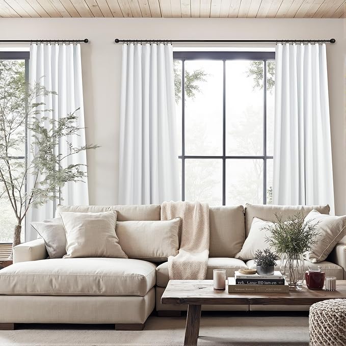 White Black Out Curtains 96 Inches Long for Bedroom 2 Panel Back Tab 100% Blackout Linen Retro Vintage Curtain Farmhouse Living Room Viral Coastal Drapes for Nursery Girls Boys Thermal Insulating 8ft