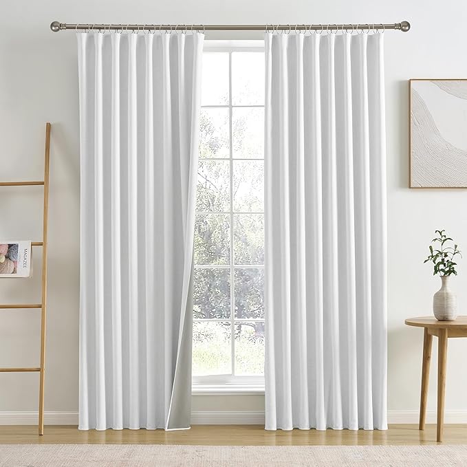 RAIN CITY Snow White Linen Blackout Curtains 90 Inch Long for Living Room,Pinch Pleated Drape with Hooks Back Tab Modern Boho Decor, Black Out Curtains for Bedroom 50 Wide