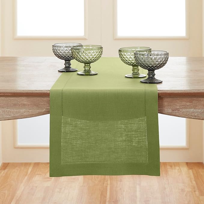 Solino Home Linen Moss Green Hemstitch Table Runner 36 Inches - 100% Pure Linen Small Table Runner 14 x 36 Inch Ideal for Dresser and Coffee Tables - Classic Hemstitch - Fall, Halloween, Thanksgiving