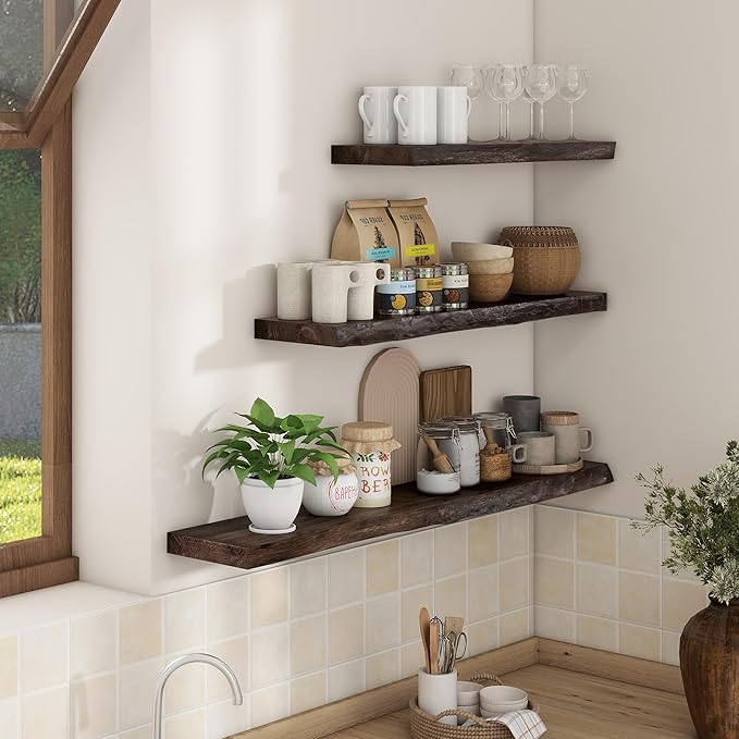 Axeman 72 inch Extra Long Floating Shelves for Wall - 8'' D Live Edge Rustic Solid Elm Wood Floating Shelves Wall Mounted, Wall Shelves with Invisible Bracket for Living Room Bedroom Kitchen, Walnut