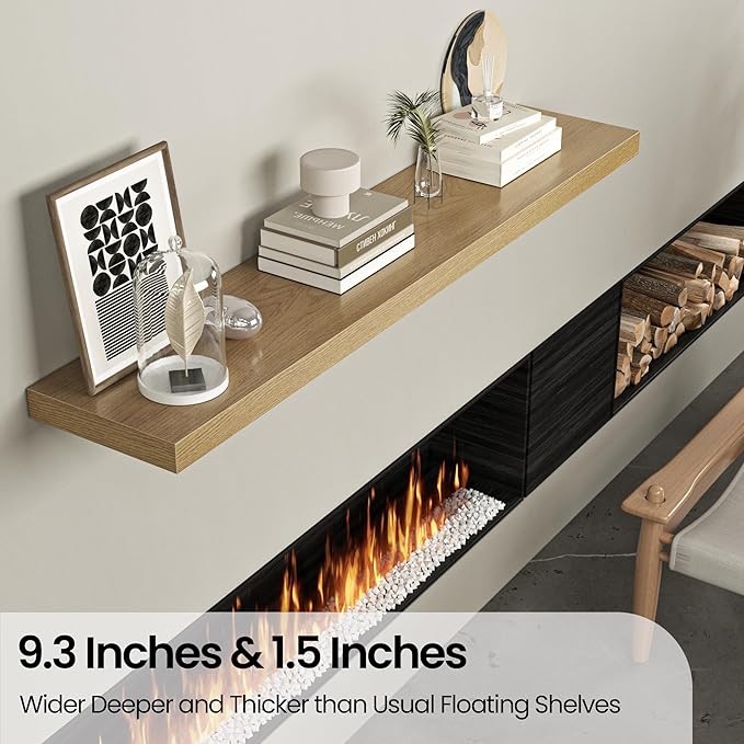 Floating Shelves for Wall, 55"W x 9.3"D x 1.5"H, Long Wooden Wall Mounted Display Shelves with Invisible Brackets for Living Room, Bedroom, Bathroom, Kitchen Decor and Storage, Set of 1, Oak