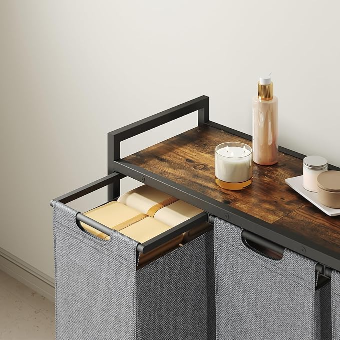 HOOBRO Laundry Sorter 3 Section, Laundry Hamper with Wheels, 3 × 11.5 Gal (43.4L), Rolling Laundry Basket, Pull-Out and Removable Oxford Fabric Laundry Bags, Rustic Brown and Grey BFG76XY01