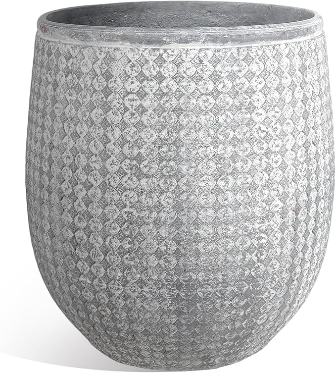 Worth Garden 12" Dia x 15" H Grey Round Planter – Lightweight Magnesium Oxide Cement Plant Pot with Texture – Raised Pattern Concrete Look – Drainage Hole – Indoor & Outdoor Use
