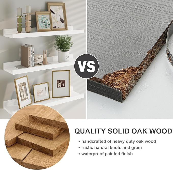 Floating Picture Ledge Shelves 48 Inch Solid Oak Wood Set of 2, Rustic Wall Storage Shelves with Lip, Kids Bookshelf, Photo & Picture Ledge Shelves for Bedroom, Living Room, Kitchen