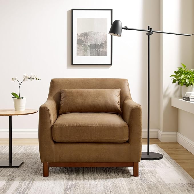 Extra Deep Accent Chair, Comfy Fabric Armchair with Wood Base, Upholstered Single Sofa Chair for Living Room & Bedroom, Faux Leather Brown