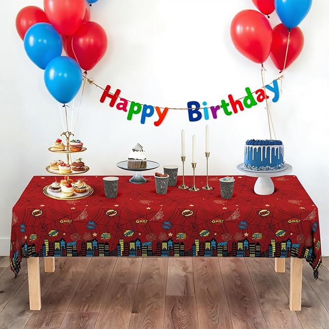 ATFUNSHOP Spider Superhero Disposable Tablecloth - Birthday Decorations Supplies with Spider Web Design, Happy Birthday Table Cover for Kids Boys Man Party Decor, Decoración de Cumpleaños