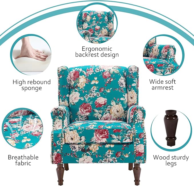 Lumibee High Back Accent Chair Set of 2, Armchair in Fabric,Comfy Upholstered Wingback Single Sofa Reading Chairs with Solid Wood Legs for Living Room,Bedroom,Office-Peacock Blue