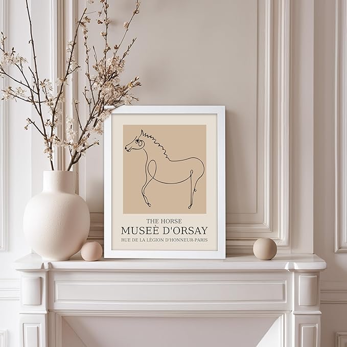 Poster Master Vintage Poster - Retro Minimalist Print - Gift for Artist, Friend - Horse, Line Drawing, Sketch, Abstract - Wall Decor for Living Room, Bedroom, 8x10 White Framed