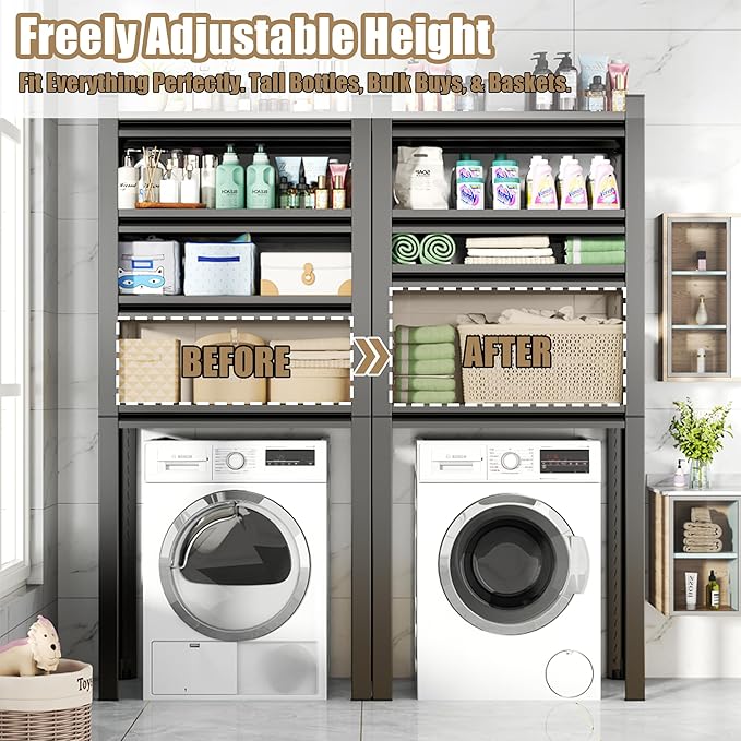 Over Washer Storage,5Tier Expandable Washer and Dryer Rack, Laundry Room Storage Over Toilet Washing Machine and Dryer Storage Rack Bathroom Organization, Hold 500 lb, Black