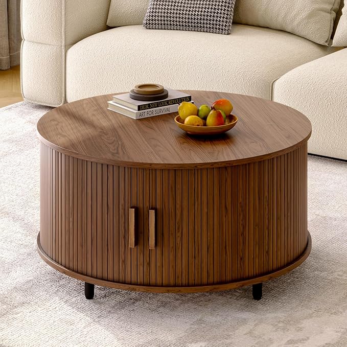 Round Coffee Table with Storage, 31.5" Modern Coffee Table with 360° Curved Sliding Door, Fluted Wood Accent Coffee Table with Adjustable Footpads, Round Center Table for Living Room, Walnut