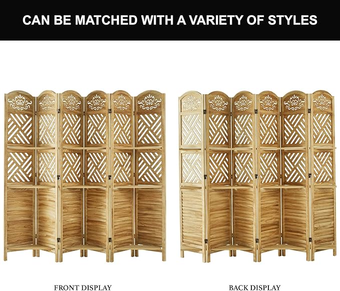 Room Divider with Shelves, 68.9inch Wood Carved and Louvered Wall Divider Freestanding, 6 Panels Folding Partition Screen for Bedroom Home Office (Natural)