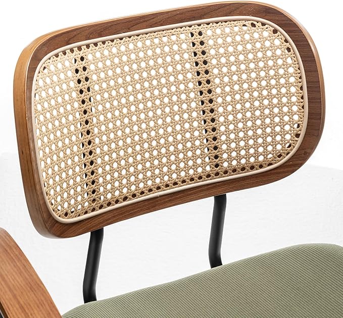 Rattan Dining Room Chairs Set of 2,Mid Century Modern Kitchen Side Chairs,Metal Legs Desk Chairs,Green Modern Corduroy Fabric Accent Chairs with Arms and Rattan Backrest