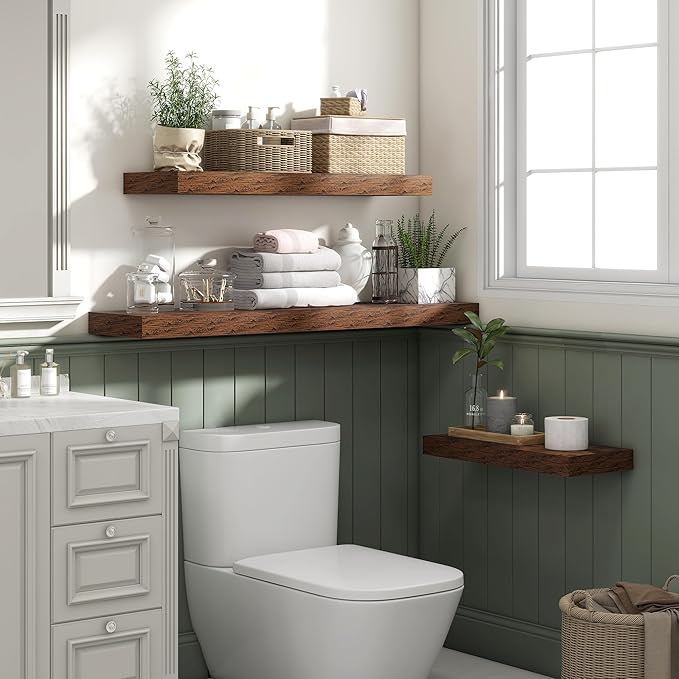 Heimlove 48" Floating Shelves for Wall,10 Deep Rustic Brown Wood Display & Storage Wall Shelves with Heavy Duty Brackets for Bathroom,Bedroom,Kitchen,Living Room,Office,Set of 2