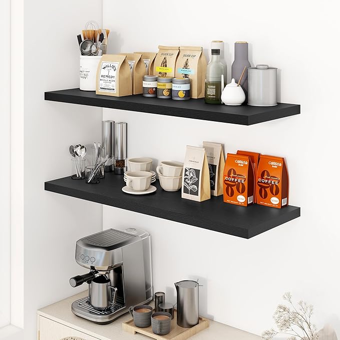 40" Floating Shelves for Wall, 12" Deep Slim Black Floating Shelves, Wall-Mounted Shelves for Bedroom, Living Room, Kitchen, Bathroom - Set of 2