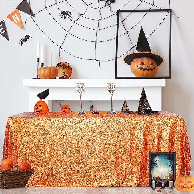 SquarePie Sequin Tablecloth 50 x 72 Inch Orange Sparkly Table Cloth for Halloween Thanksgiving Party Decoration