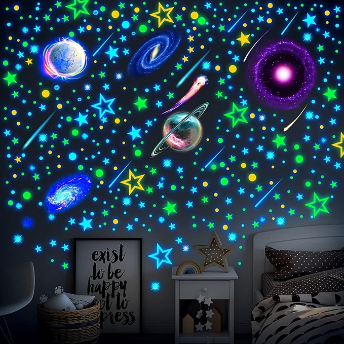 Spakon 495 Pcs Glow in The Dark Moons and Stars Wall Decals for Ceiling,Glowing Planets Wall Stickers Removable Galaxy Solar System Space Decal Nursery Stickers for Kids Bedroom Living Room Decor