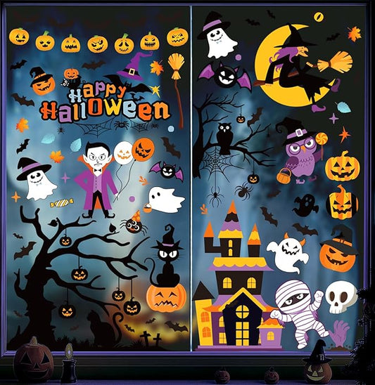 Halloween Window Clings - 9 Sheets 213 Pcs Happy Halloween Window Decorations Indoor for Home Party Eyes Pumpkin Ghost Bats Witch Stickers for Glass Double-Sided Removable Static Glass Decals