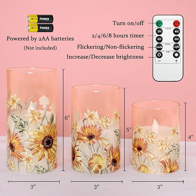 MELTONE Autumn Sunflower Flameless Candles Remote Real Wax Flickering Battery Operated Glass Candles - Home Party Bedroom Birthday Christmas Summer Fall Decorations