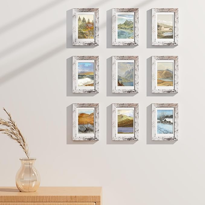 Vittanly 4x6 Picture Frames Set of 9, Shatter Resistant Plexiglass, Display 3.5x5 Pictures with Mat or 4x6 without Mat, Photo Frames for Wall or Tabletop, Engineered Wood, Distressed White