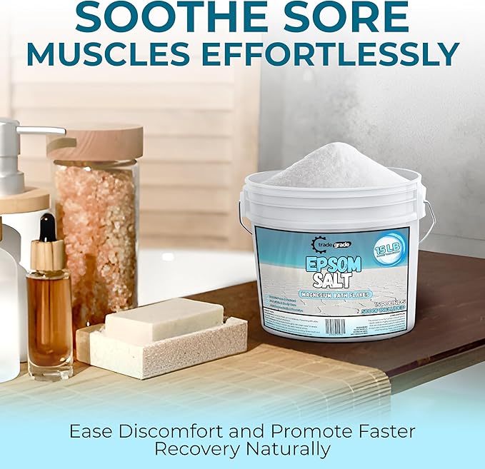 Epsom Salt Bath Soak 15 lb Bucket – Unscented, Pure Epsom Salt Bulk Crystals, Magnesium Sulfate for Full Body or Foot Soaks, Resealable Container with Scoop for Home Bath Use