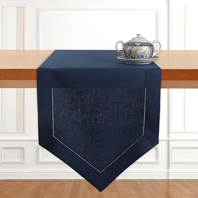 D'Moksha Homes Navy Blue Linen Table Runner 108 Inches Long - 100% Pure Linen Diamond Table Runner 14 x 108 Inch for Dining, Fall and Halloween - Machine Washable