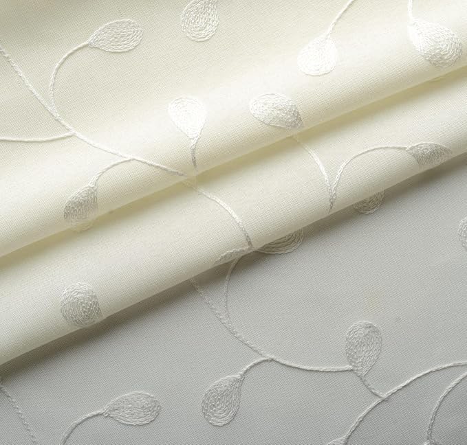 MIUCO Floral Embroidery Semi Sheer Curtains Faux Linen Grommet Curtains for Bedroom 52 x 63 Inch 2 Panels, Off White