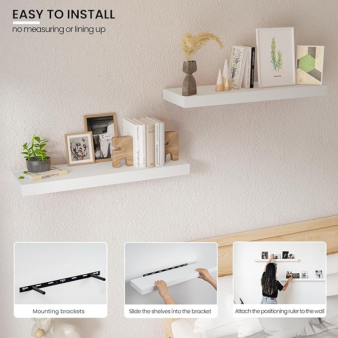 Floating Wood Shelves for Wall 24 Inches x 8”x 1.4” Shelf Floating Home Decor, Heavy Duty Shelf Hold 60 lbs, Wall Shelves for Bathroom Living Room Kitchen Bedroom Office - Set of 2 White