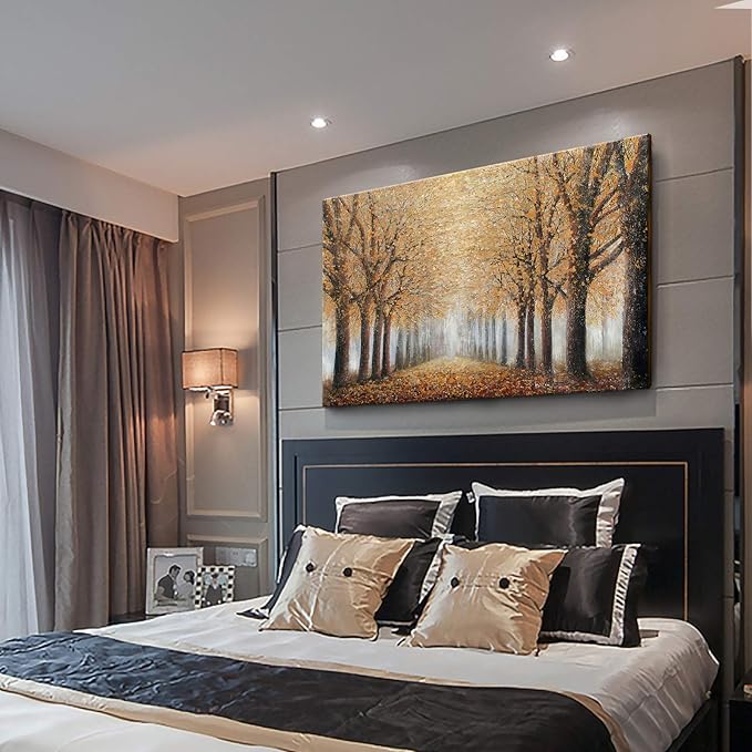 Large Tree Wall Art for Living Room Hand-Painted Forest Oil Painting Framed Yellow Grove Artwork Autumn Landscape Canvas Picture for Living Room Bedroom Home Decorations Wall Decor Large 48"x32"