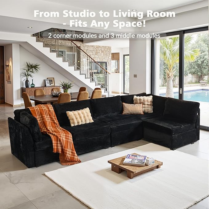 Modular Sectional Sofa with Chaise U Shaped Sectional Couch for Living Room, 5-Seater Comfy Cloud Couches, Plush Corduroy, Black