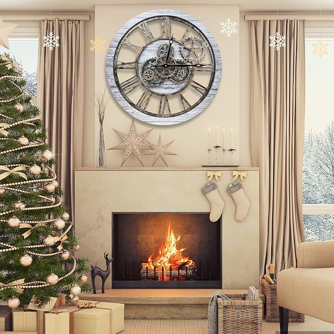 The B-Style Large Wall Clock 24 inch Moving Gear Wall Clock Oversized Vintage Farmhouse Wall Clocks for Living Room Decor Rustic Industrial Wood Clock (Silver Gray and Bronze)