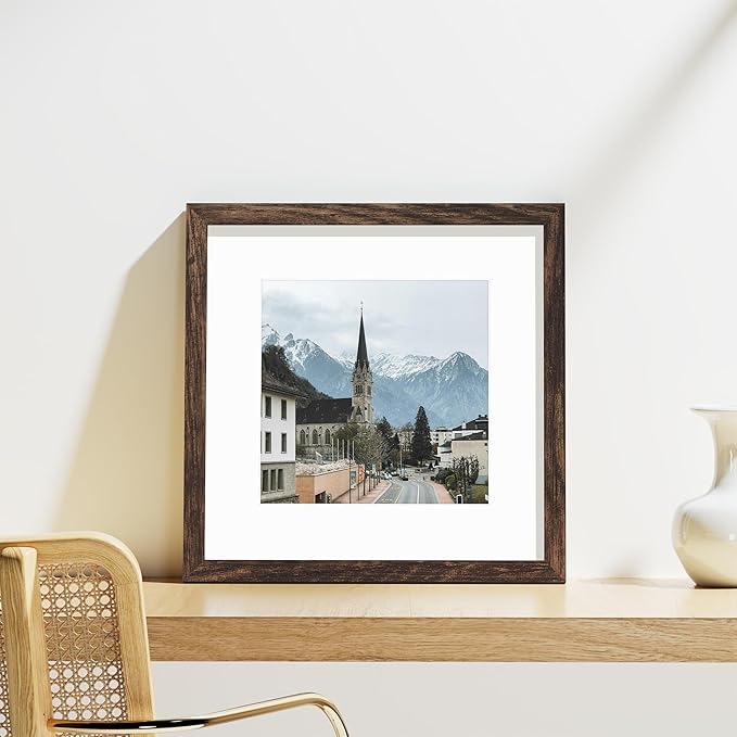Vittanly 12x12 Picture Frames Set of 9, Shatter Resistant Plexiglass, Display 8x8 Pictures with Mat or 12x12 without Mat, Photo Frames for Wall Mount, Engineered Wood, Brown